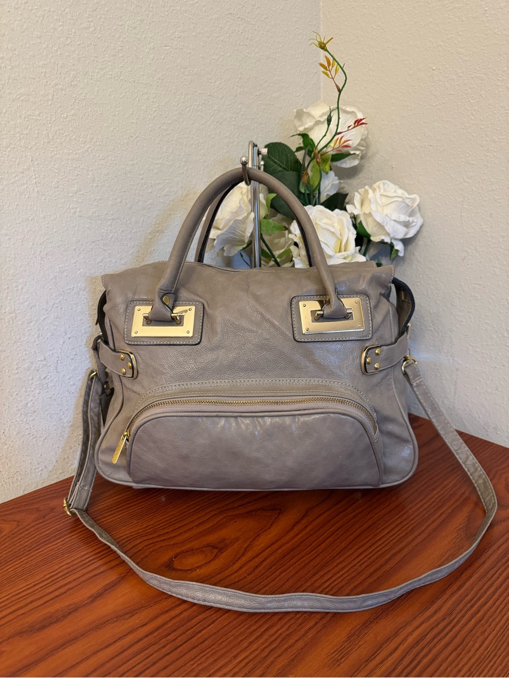 Everyday Gray Leather Satchel with Gold-Tone Hardware